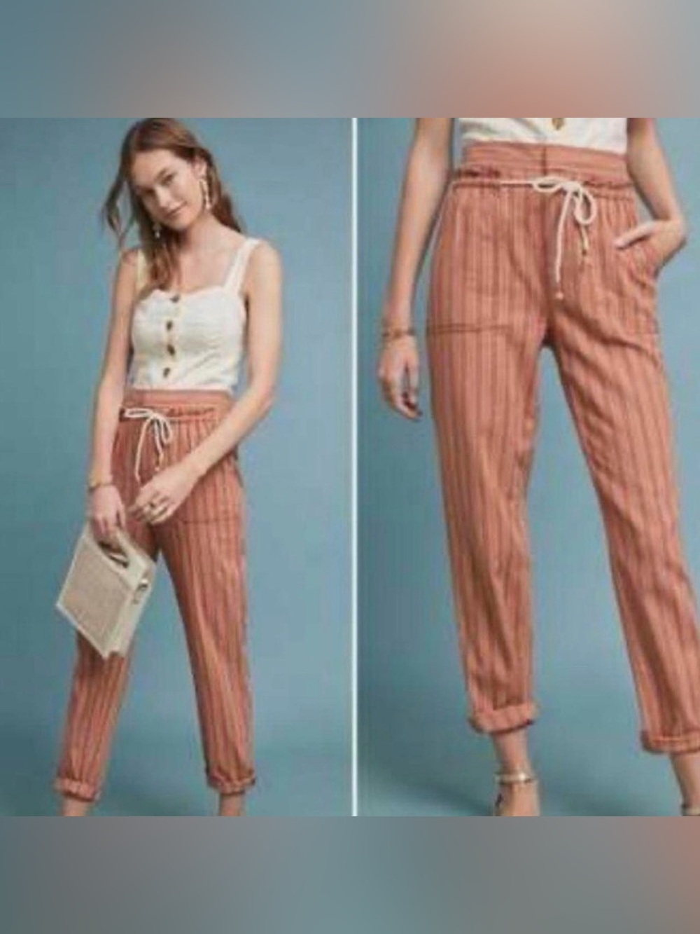 Anthropologie Beach Pants size Small Peach Stripe Linen Blend Drawstring Coast 🌴